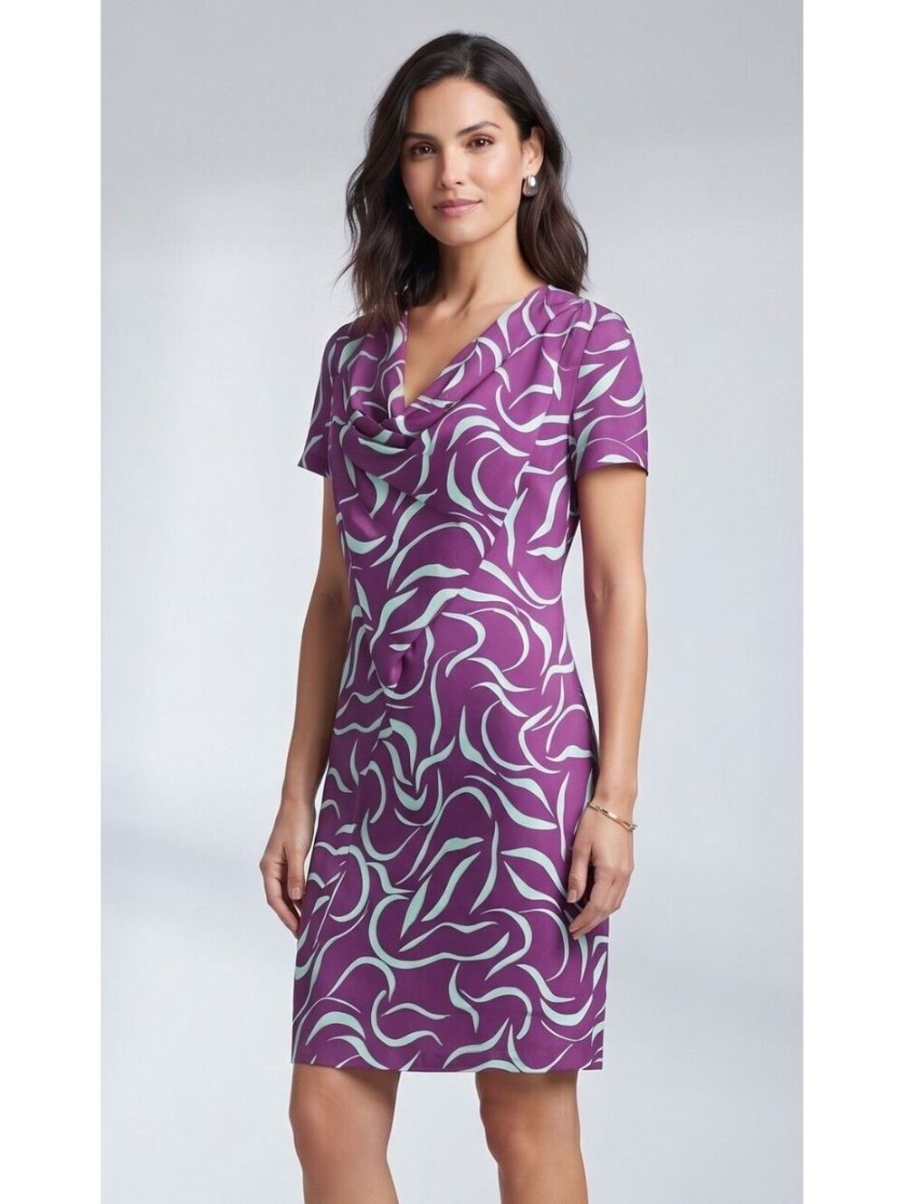 Diane von Furstenberg DVF 8 Purple Green Silk Cowl Neck Shift Dress Danil Print
